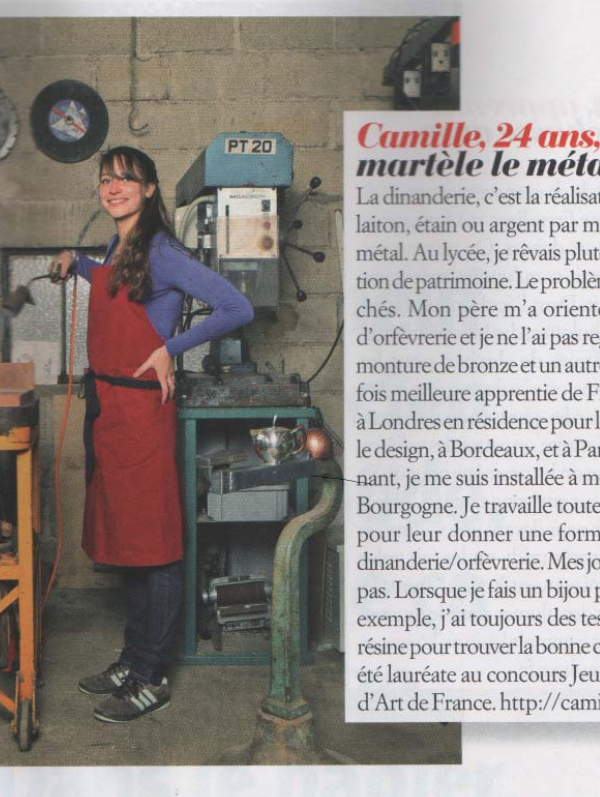 Camille, 24 ans, dinandière, martèle le métal, in Biba n°408, Fév. 2014