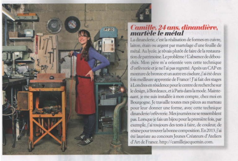 Camille, 24 ans, dinandière, martèle le métal, in Biba n°408, Fév. 2014