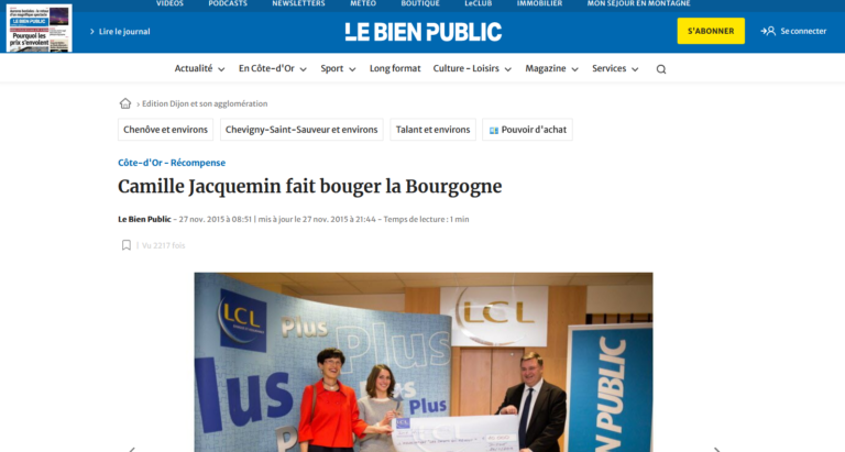 Camille Jacquemin fait bouger la Bourgogne, in Le Bien Public, 27 nov. 2015